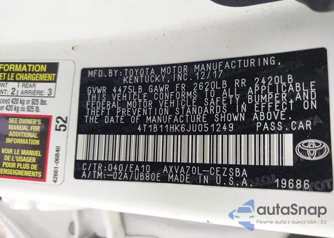 2018 Toyota Camry Se from USA, damaged, VIN 4T1B11HK6JU051249